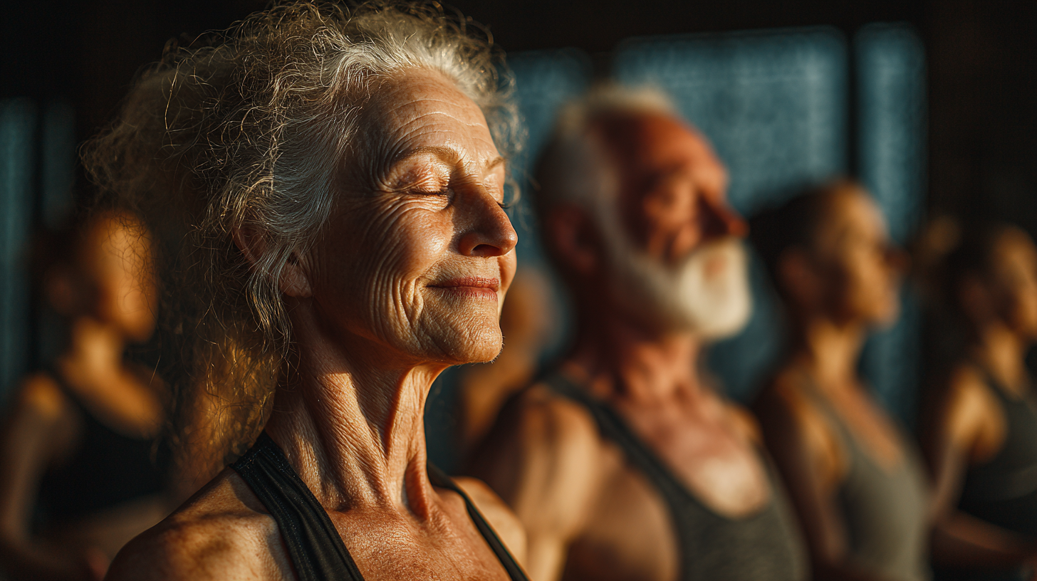 Skupina seniorov cvičí jogu spolu